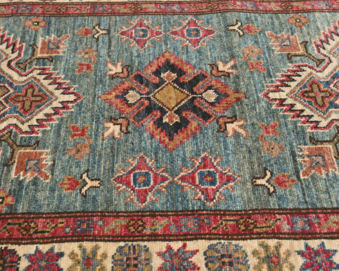 19 Feet Green Kazak Afghan Hand Knotted Wool Runner Rug